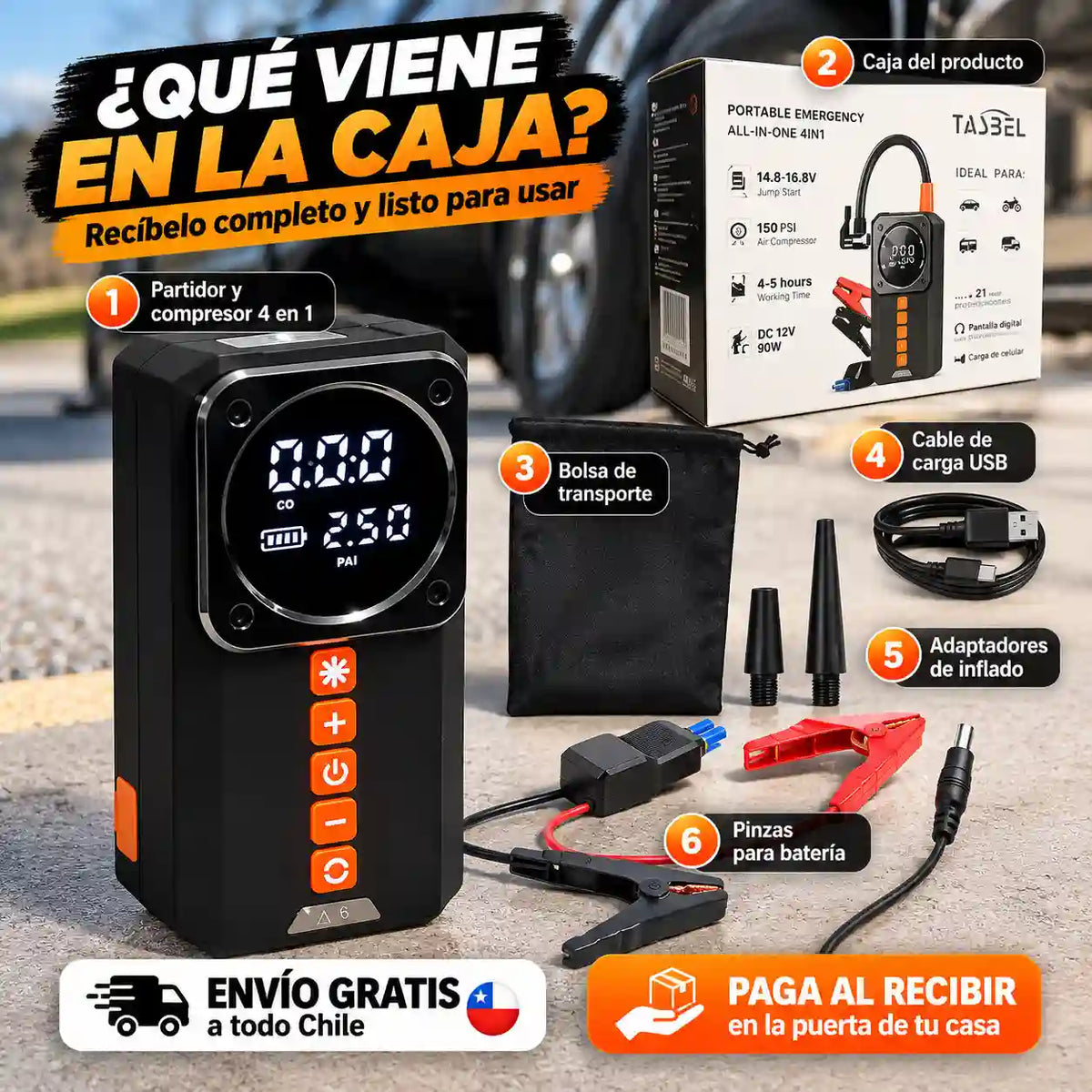 Copiloto 4 en 1: Partidor de Batería, Compresor de Aire, Powerbank y Linterna