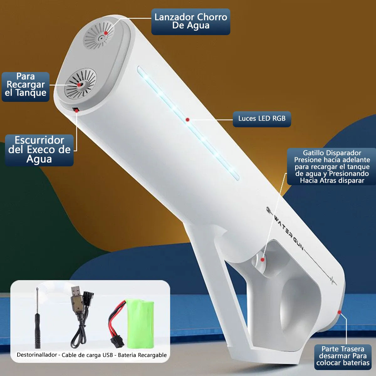 Pistola De Agua Blanca Potente Con Luces