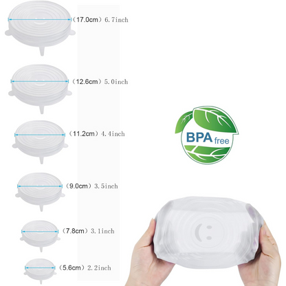 Juego de 6 Eco-Tapas Elásticas de Silicona Reutilizables