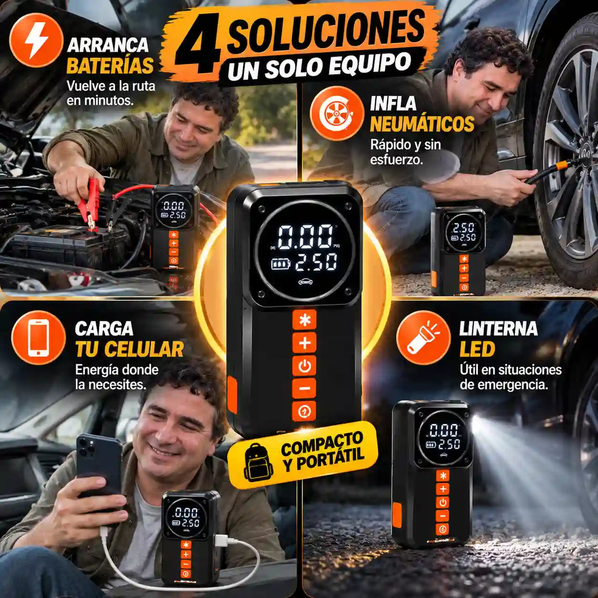 Copiloto 4 en 1: Partidor de Batería, Compresor de Aire, Powerbank y Linterna