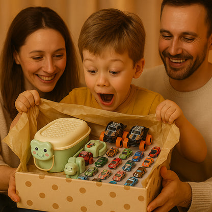 Maleta🐢 con 50 autitos de fricción🚗💨 + 2 Monster Trucks ✨ Diversión real, sin pantallas y llena de imaginación.