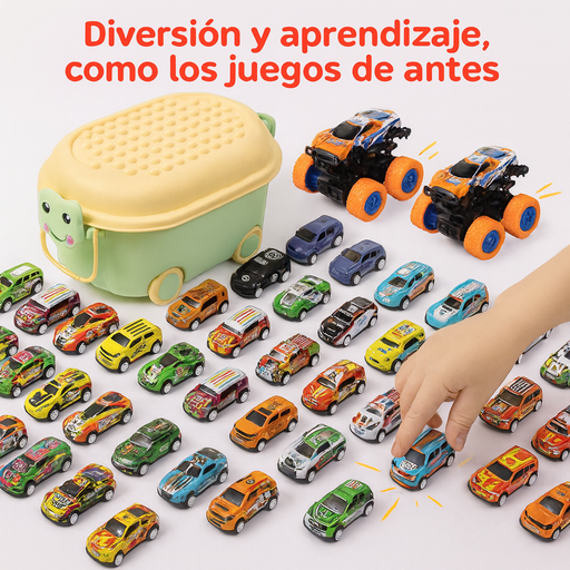 Maleta🐢 con 50 autitos de fricción🚗💨 + 2 Monster Trucks ✨ Diversión real, sin pantallas y llena de imaginación.